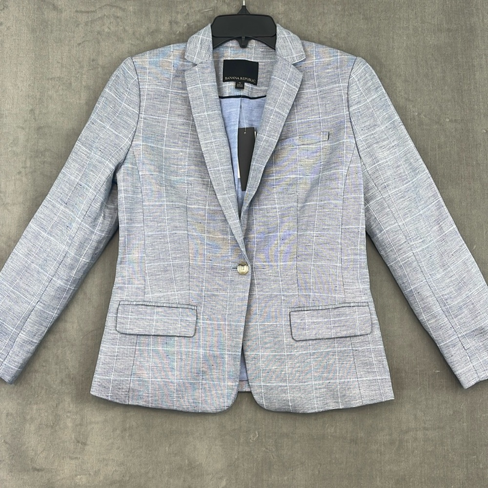 Banana Republic Jacket Blazer Womens Blue Windowpane Plaid Linen Blend Sz 0 NWT